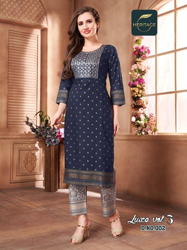 Heritage Luxe 3 Rayon Slub Designer Printed Kurti With Bottom Collection 